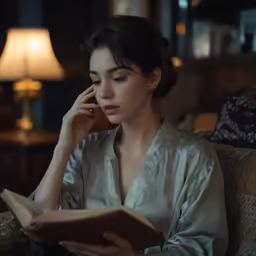a woman in silks reading a book and talking on her cell phone