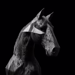 the head of a horse with a black and white print