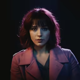 a woman with short bangs and blue eyes wearing a purple jacket