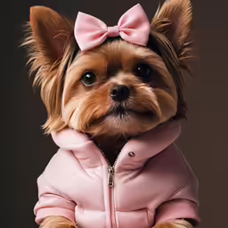 a small dog with a pink outfit and bow