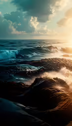 the sun rising over a very rough ocean