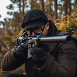 a man shooting with a scope at something near by