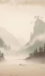 a hazy morning overlooking the woods and mountains