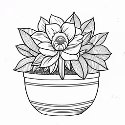 a black and white flower in a pot,the drawing of a potted flower with leaves