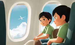 two young boys sit in a seat while watching an airplane taking off