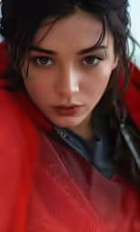 a woman with black hair is wearing a red coat