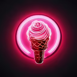 a pink gelato with whip cream inside a round, neon lit sign