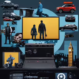 many cars are shown above a tv and other things,a tv set and a television in front of some cars