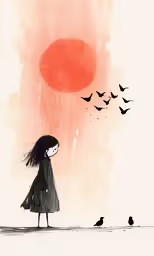 a girl is staring at birds flying around
