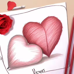 a drawing on a piece of paper with two hearts,a drawing with hearts and roses drawn on it,a red rose lies next to a drawing of two hearts,a card of two hearts and a red rose,a drawing of a couple of hearts next to a red rose