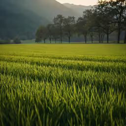 a field with green grass and trees in the distance