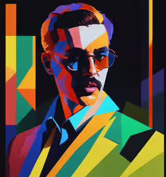 an artistic portrait is shown in the image,a painting of a man with glasses in his eye patch