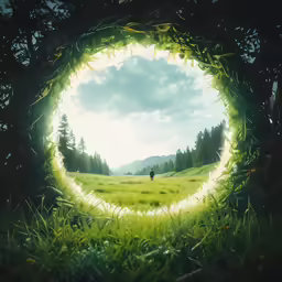 an image looking up at a green field