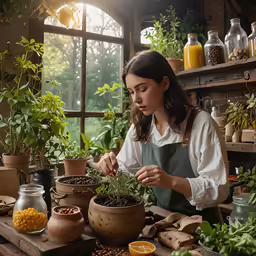 a woman in a green apron is tending to her garden