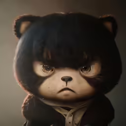 a teddy bear with an oversized hat with fur and a hoodie on, wearing a coat and jacket