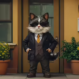 a grey and white cat dressed in a suit stands in front of a brown door