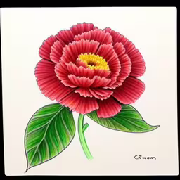 a flower with green leaves on top of it,a close up of a flower on a card,this is an image of a flower with green leaves,a painting of a large red flower with green leaves,the painting depicts a large red flower with leaves