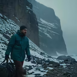 the man is walking with his luggage by the mountain