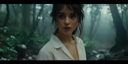 a woman with long hair in a dark forest