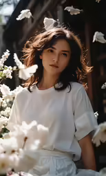 young woman in white t - shirt and white dress near flowers