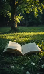 an open book lying on the grass next to a tree