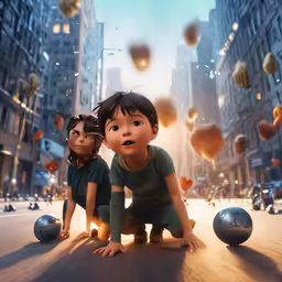 two young boys on the street with balloons floating around