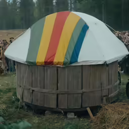 an old, round wooden barrel with a large colorful tent on top