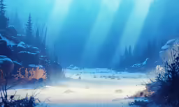 snow in the forest with sunbeams through the mist