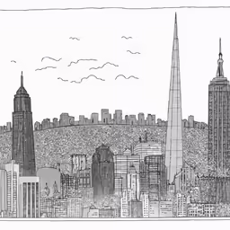 a pen drawing of the city with a mountain and sky in background