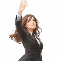 a woman dressed in a black suit waving her arm