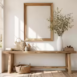 two white vases sit on top of wooden bench