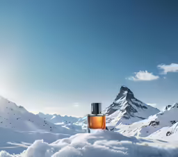 an image of a mountain scene with a bottle of perfume