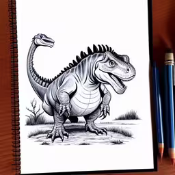a drawing of a dinosaur with long neck and claw like tail,the drawing of an dinosaur on a paper with a pencil