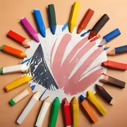 several pencils arranged around an arrangement of colored crayons