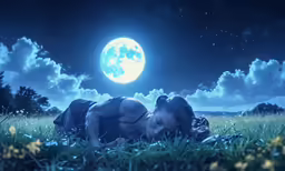 a girl in a field with a full moon above her