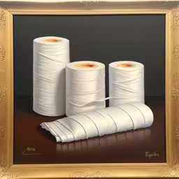 this painting shows several stacks of white toilet paper,a painting of three stacks of toilet paper,an oil painting of some white towels and two rolls of toilet paper,a painting of several white toilet rolls in a gold frame,a painting of rolls of toilet paper laying on the table