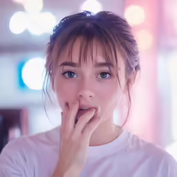 an asian girl holding her hand up to her mouth