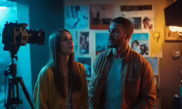 two people standing in front of a camera with a video behind them