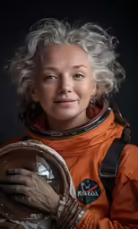a woman with a curly wig and orange suit holding a glass container