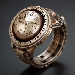 an unusual watch that is gold on top of a table