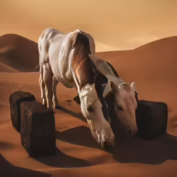 a horse and donkey are standing in the sand