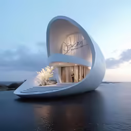 a white building with a staircase that leads to the entrance