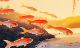 many goldfish are in a body of water at sunset
