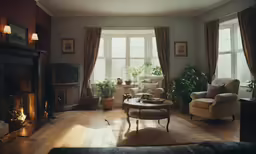 the living room has a fireplace, couches and chairs