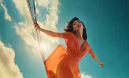 a woman with long hair is standing near the sun