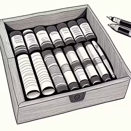 this is an illustration of a box with several ink pens,an opened box contains twelve bottles of fountain pens