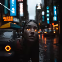 a woman with glowing yellow eyes on a wet city street