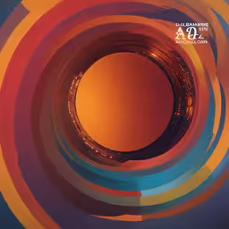 an abstract image is shown with colorful stripes,a spiral of lines with a yellow center