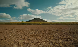the land is brown with a mountain in the background