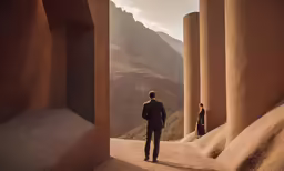 two men in suits and ties walking up a dirt pathway between rocks